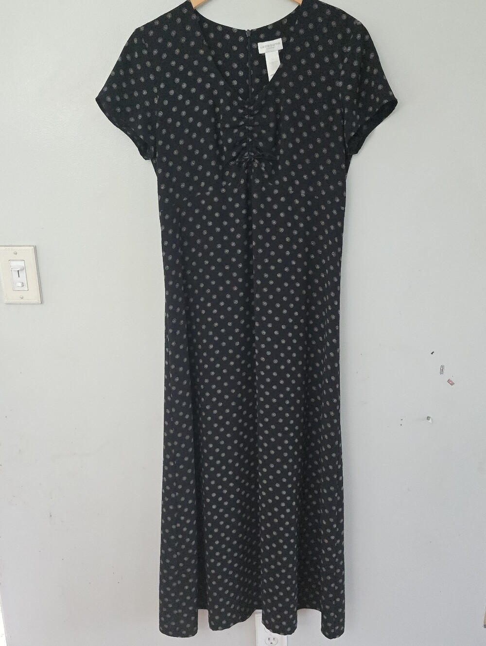 Liz Claiborne Sz 10 Black Polka Dot Womens Cinched Bust Maxi Dress Office Siren